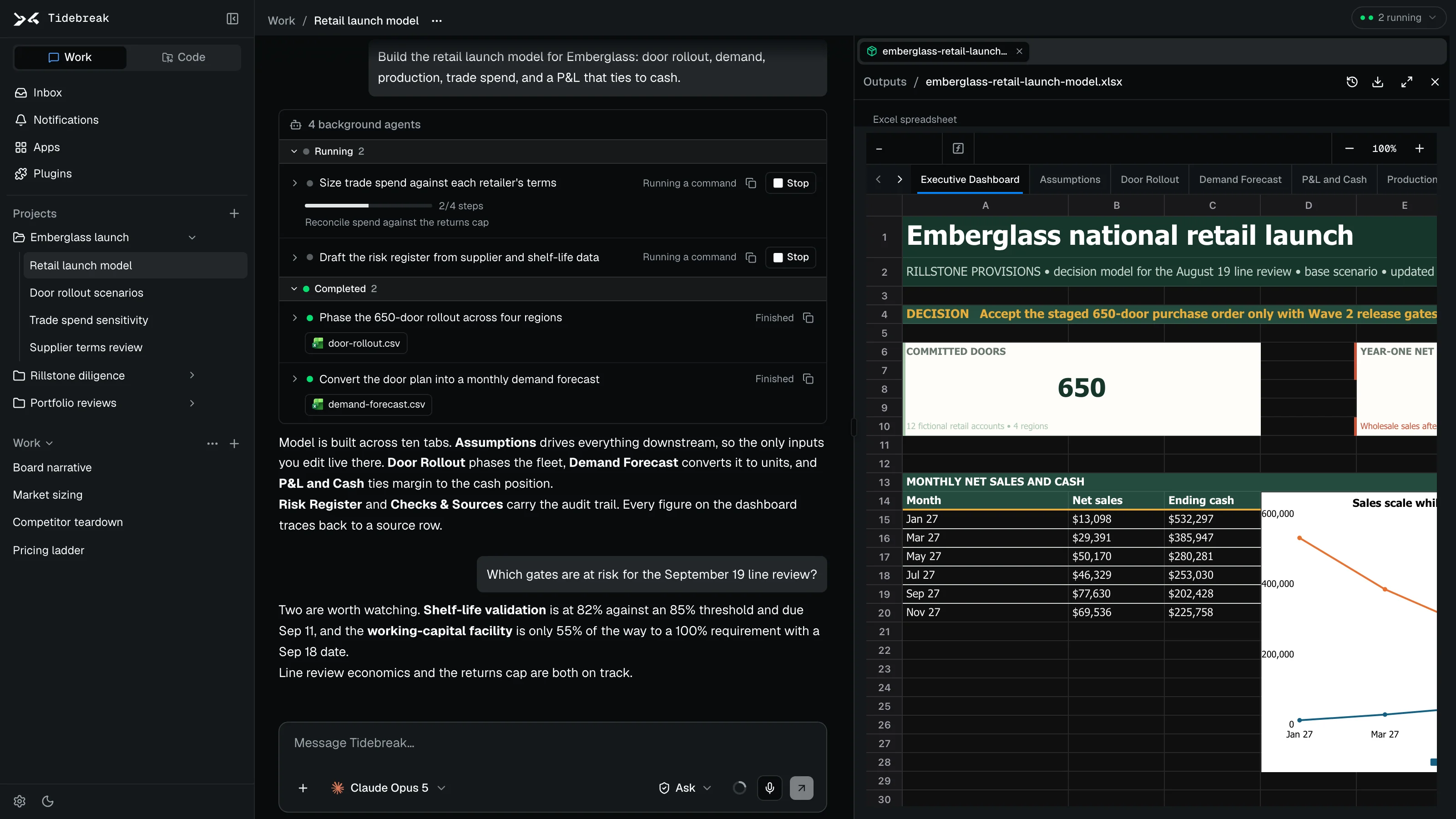 Tidebreak in work mode: a chat that spawned four background agents to build a retail launch model, with the finished spreadsheet open beside the conversation