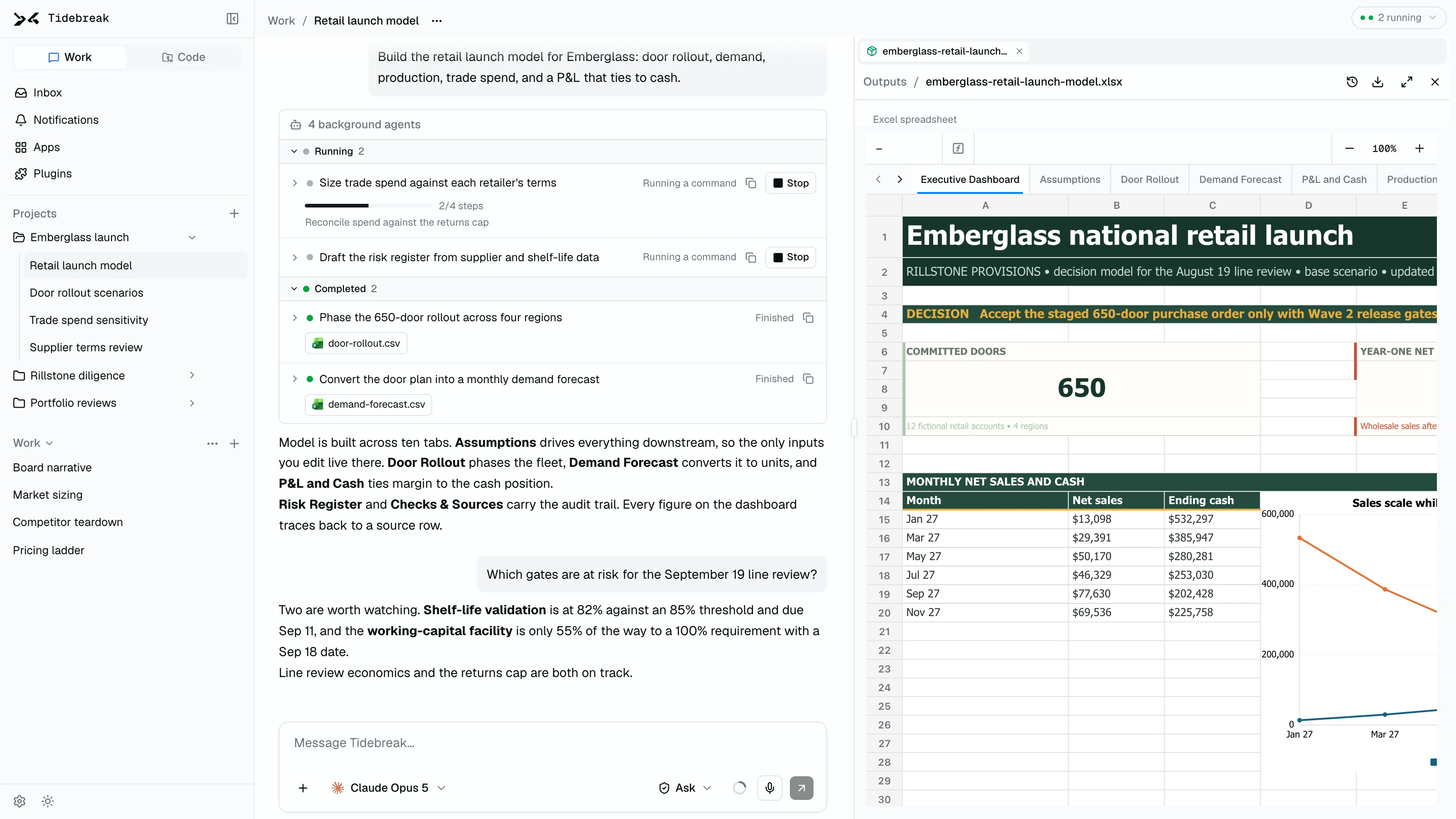 Tidebreak in work mode: a chat that spawned four background agents to build a retail launch model, with the finished spreadsheet open beside the conversation